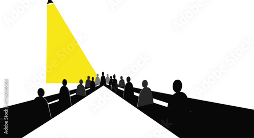 Crowd of people following the yellow light to success and opportunity great for business leadership innovation and corporate vision concepts, Generative AI.