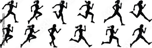 Silhouettes of Running Women, Athletic Female Joggers in Motion, Fitness Exercise, Workout Vector, Isolated Black Silhouette on White Background