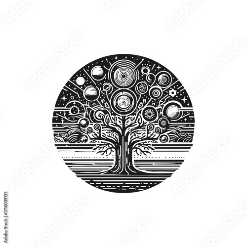 Cosmic Tree with Celestial Elements in Black Design