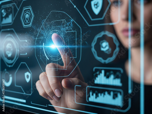 Femme sur un écran virtuel représentant Intelligence artificielle et cybersécurité digitale