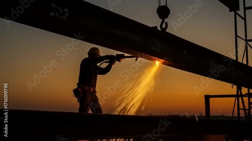 Worker welding metal beams at sunset on a construction site with silhouettes and distant structures