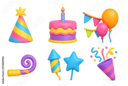 Bright 3d party icons with cake, balloons, and confetti in vibrant colors
