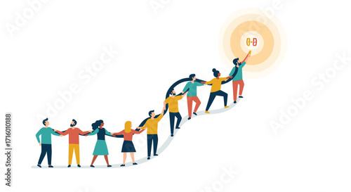 Diverse team climbs toward success unified by collaboration and aiming for a shared goal with passion and teamwork reaching for new heights, Generative AI.