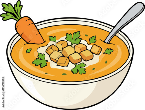 Vibrant Cartoon Vector Illustration of Creamy Carrot Soup Bowl with Fresh Carrot, Parsley Garnish, and Croutons for Healthy Food and Recipe Design