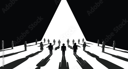 Elegant monochrome illustration of people standing in a spotlight perfect for themes of leadership collaboration and strategic vision, Generative AI.