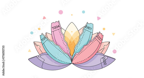 Vibrant lotus flower design with pastel petals and playful geometric accents for a modern calming and spiritual brand aesthetic, Generative AI.