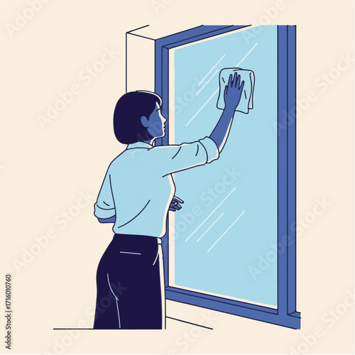 Illustration of a Woman Cleaning a Window with a Cloth