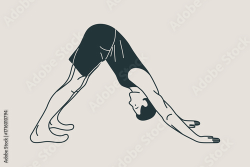 Man doing Yoga, Pilates icon. Slim person. Hand drawn black outline Vector illustration. Downward facing dog pose. Health care and lifestyle concept. 