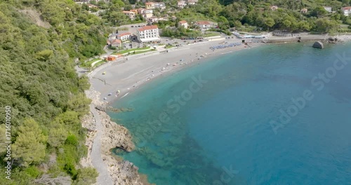 Aerial view of the Fiumicello beach located in Maratea. It is a popular seaside resort overlooking the Mediterranean Sea in the province of Potenza, Basilicata, Italy.