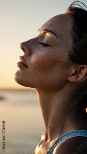 A woman in a holistic wellness retreat, meditating by a peaceful lake, a scene of balance and relaxation.