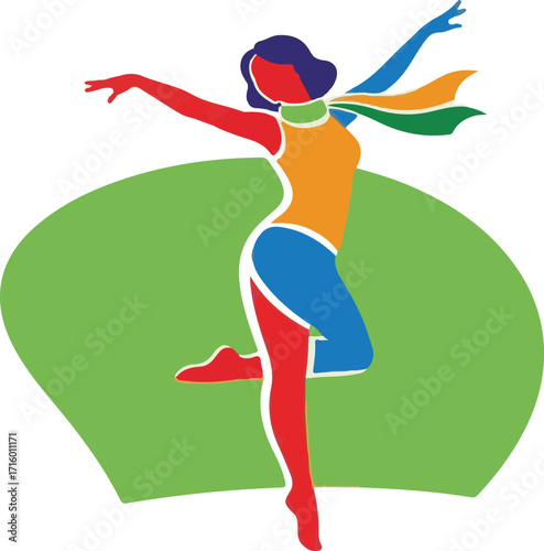Stylized Woman in Dynamic Dance Pose with Flowing Scarf, Vibrant Colors