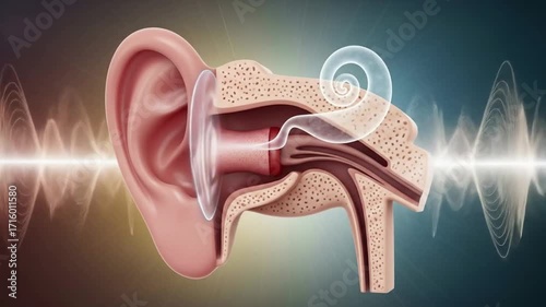 Illustration of human ear with sound waves, hearing concept