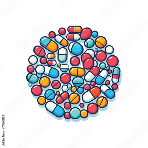 Colorful assortment of pills and capsules on a white background