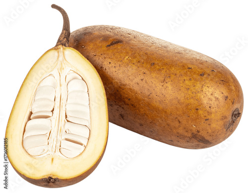 Fototapeta Naklejka Na Ścianę i Meble -  Fresh baobab fruits on white surface isolated on white background. Suitable for marketing or business purposes. Panoramic banner with place for text. PNG file