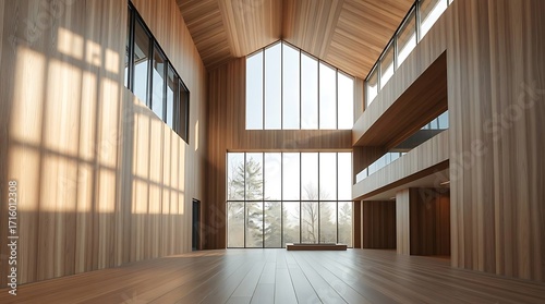 Ultra-realistic architectural visualization, modern minimalist interior, natural wood tones, diffused sunlight, wide-angle lens, clean lines