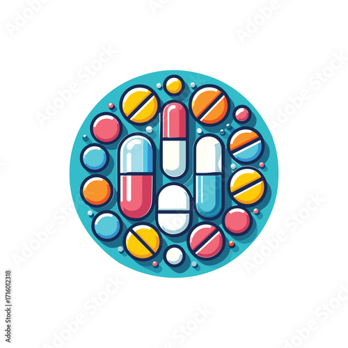 Colorful assortment of pills and capsules in design