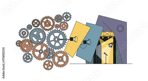 Dynamic stage production process with creative gears driving theatrical performance and spotlighting artistic innovation for entertainment businesses, Generative AI.