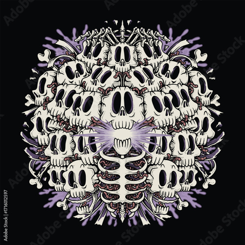 Dark Retro Cartoon Bunch of Skulls with Purple Splatter and Worms