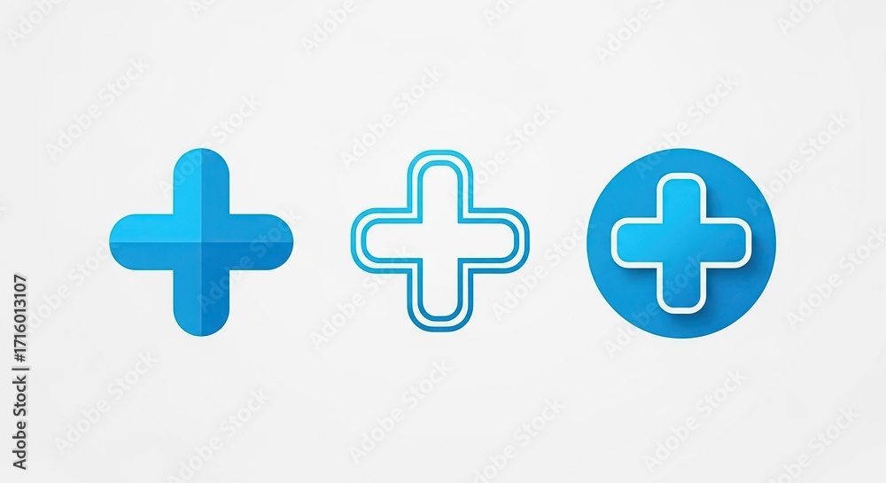 Fototapeta premium Three blue plus sign icons isolated on white background