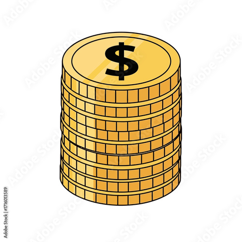 A flat vector illustration of a stack of coins with a dollar sign on the top one.