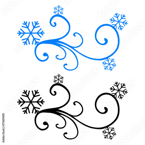 Logo con siluetas de copo de nieve con filigrana caligráfica. Silueta con florituras para tarjetas y felicitaciones de Navidad 