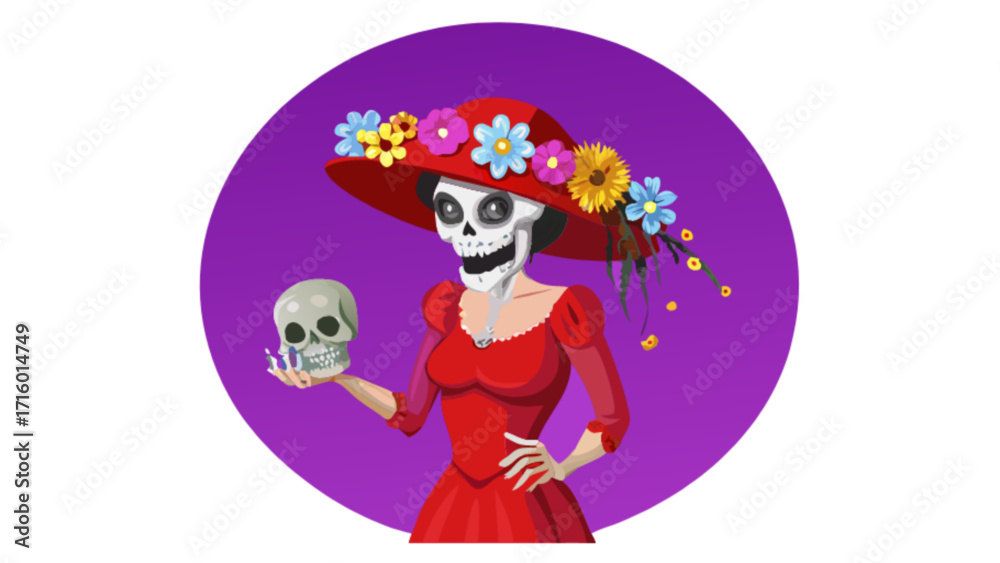 Naklejka premium Day of the dead woman with skull and flowers illustration for dia de los muertos