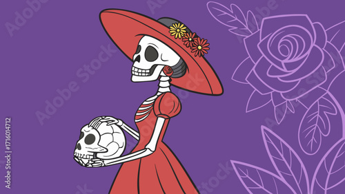 Day of the dead skeleton woman in red dress holding skull vector illustration art