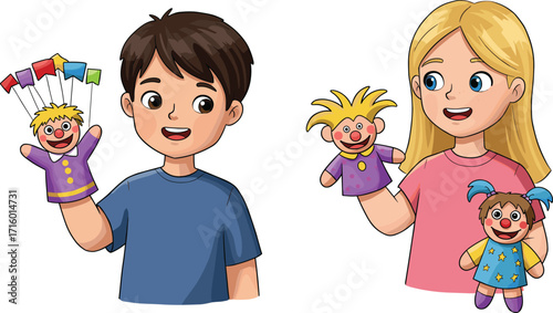 Children holding colorful hand puppets, creative playtime illustration, imaginative kids activity, puppet characters, joyful expression, educational concept, cartoon style art
