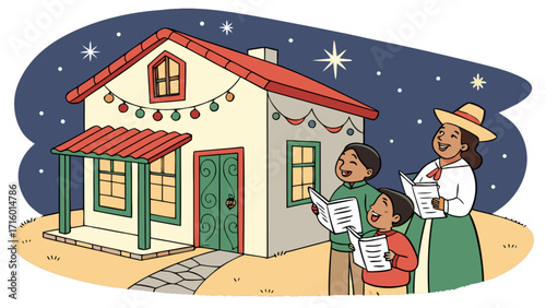 Illustration of christmas carolers singing in front of a decorated house at night