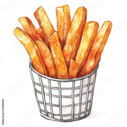 Basket of Golden French Fries Illustration.