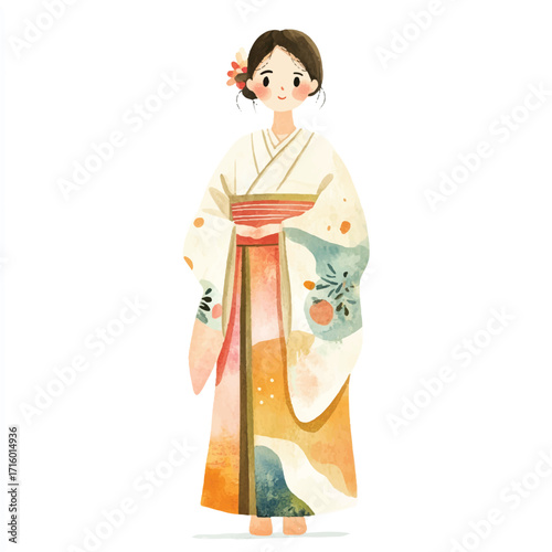 Beautiful Japanese Woman in Traditional Kimono Illustration.