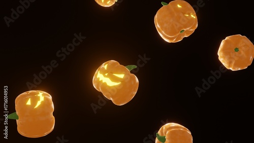 Horizontal 3D falling Halloween carved pumpkins Jack O’Lantern flying render picture party sale advertisement mockup backgrounds festival horror spooky ghost glowing cartoon humor banner fear haunted
