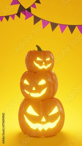 Vertical 3D Halloween many carved pumpkins Jack O’Lantern glowing candle light gleam flicker render picture banner flags party sale advertisement mockup backgrounds festival creepy horror poster