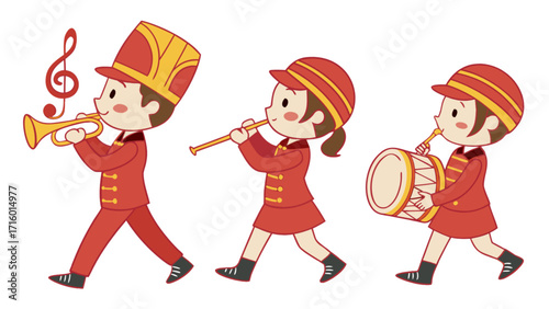 Illustration of marching band kids playing trumpet drum and wind instrument for parade event