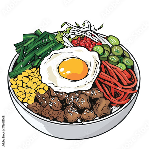 Bibimbap Bowl with Fried Egg and Assorted Vegetables.