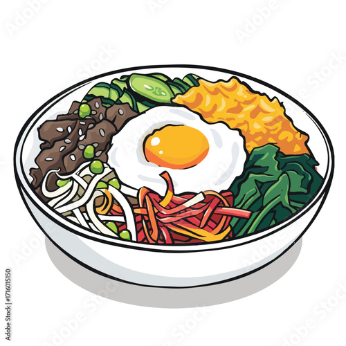 Bibimbap Bowl with Fried Egg and Colorful Vegetables.