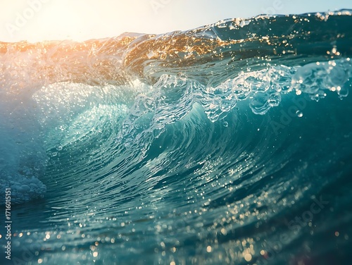 Fototapeta Naklejka Na Ścianę i Meble -  Sunlit ocean wave breaking with underwater bubbles and light rays