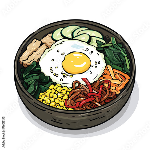 Bibimbap Bowl Korean Mixed Rice with Vegetables and Fried Egg.