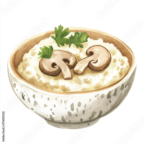 Bowl of Creamy Mushroom Risotto with Parsley Garnish.