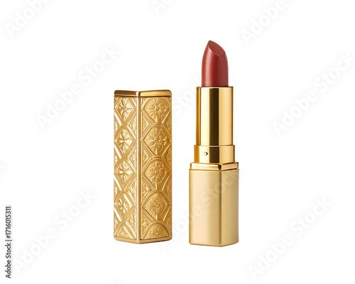 High-resolution photo of a luxury lipstick in a gold case, standing upright on a pure white background, soft shadow