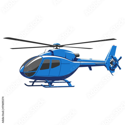 Blue helicopter in flight, aerial transportation, aviation concept.