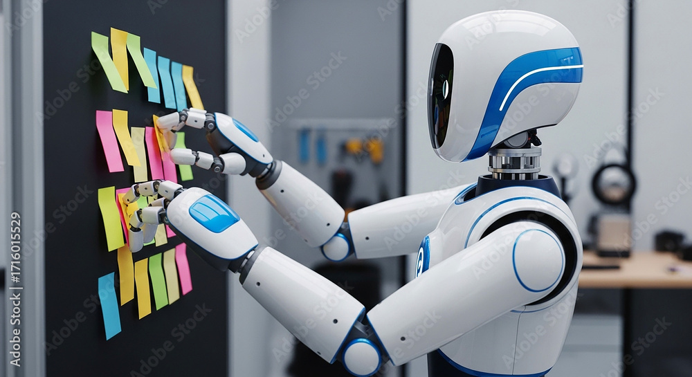 Robot Sticky Note Robot organizing sticky notes on a wall, concept of artificial ...