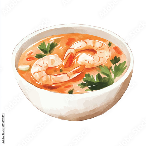 Bowl of Tom Yum Soup with Shrimp and Herbs.