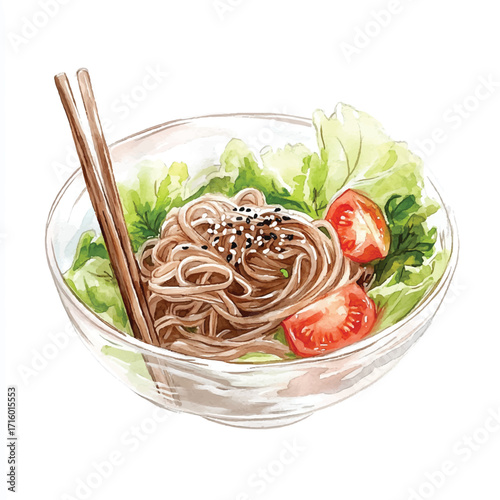 Bowl of Soba Noodles with Lettuce and Tomatoes.