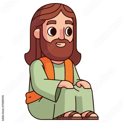 Cartoon Jesus Christ Sitting and Smiling Peacefully.
