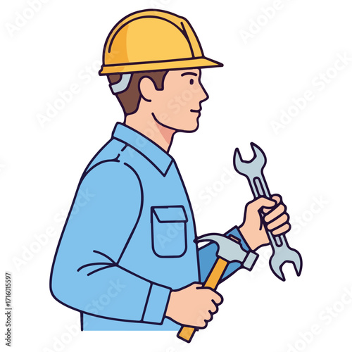 Construction worker holding tools ready for work on site.