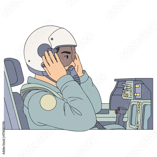 Pilot in cockpit adjusting helmet before flight.