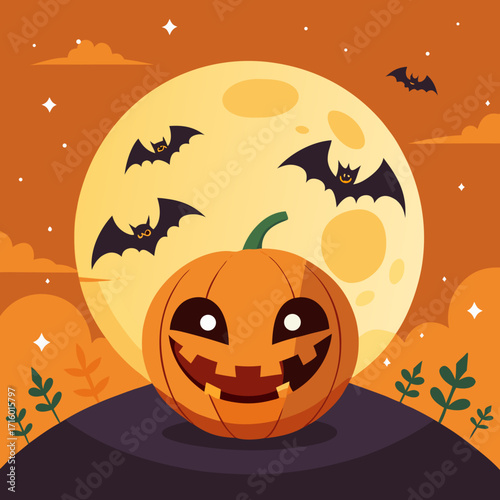 Spooky halloween pumpkin with bats and full moon in the night sky