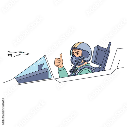 Pilot in cockpit giving thumbs up gesture.