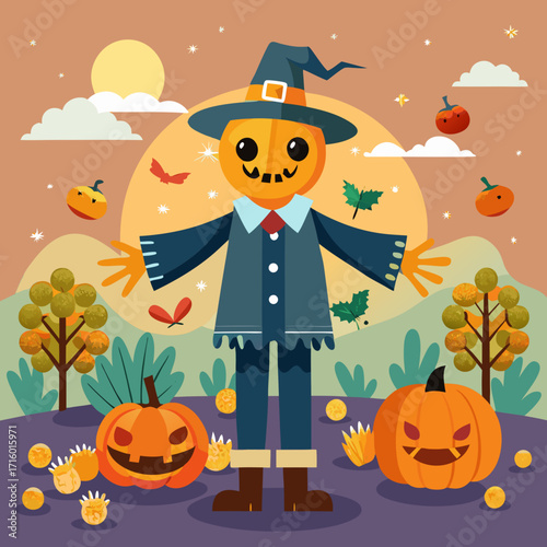 Cute jack o lantern scarecrow with pumpkins and autumn leaves